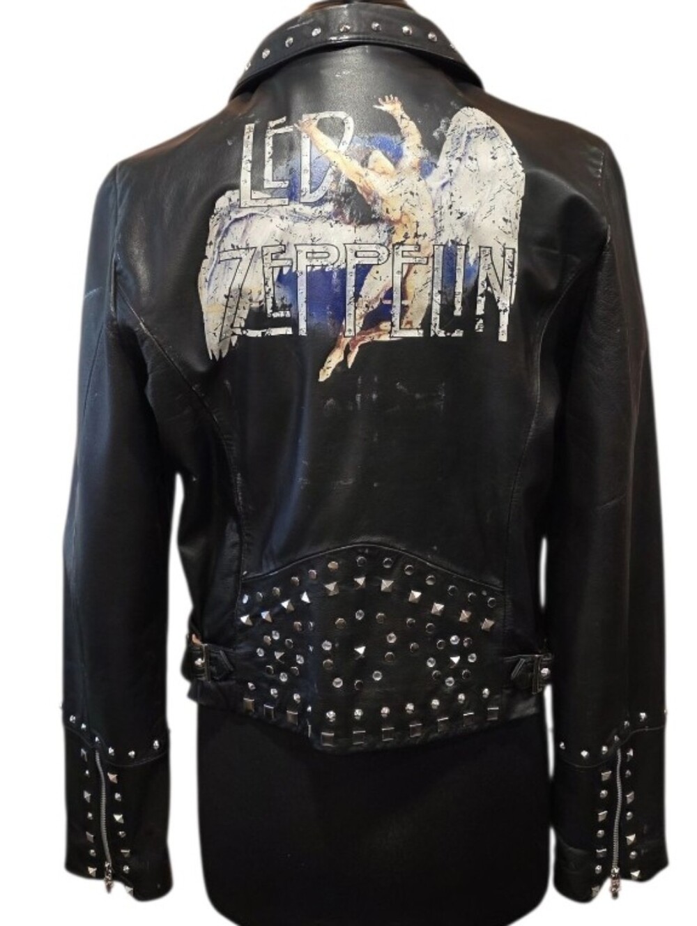 Wilsons Leather Black Studded Led Zeppelin Graphic Moto Jacket XL